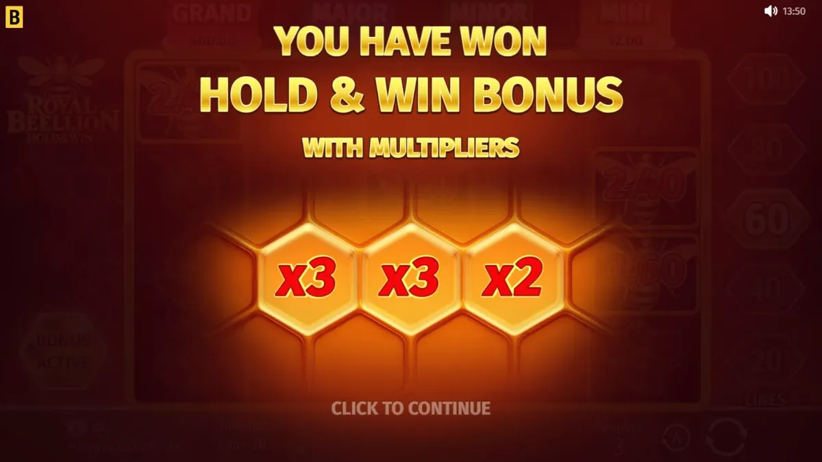 Interface do jogo Royal Beellion Hold & Win com elementos temáticos de abelhas e mel